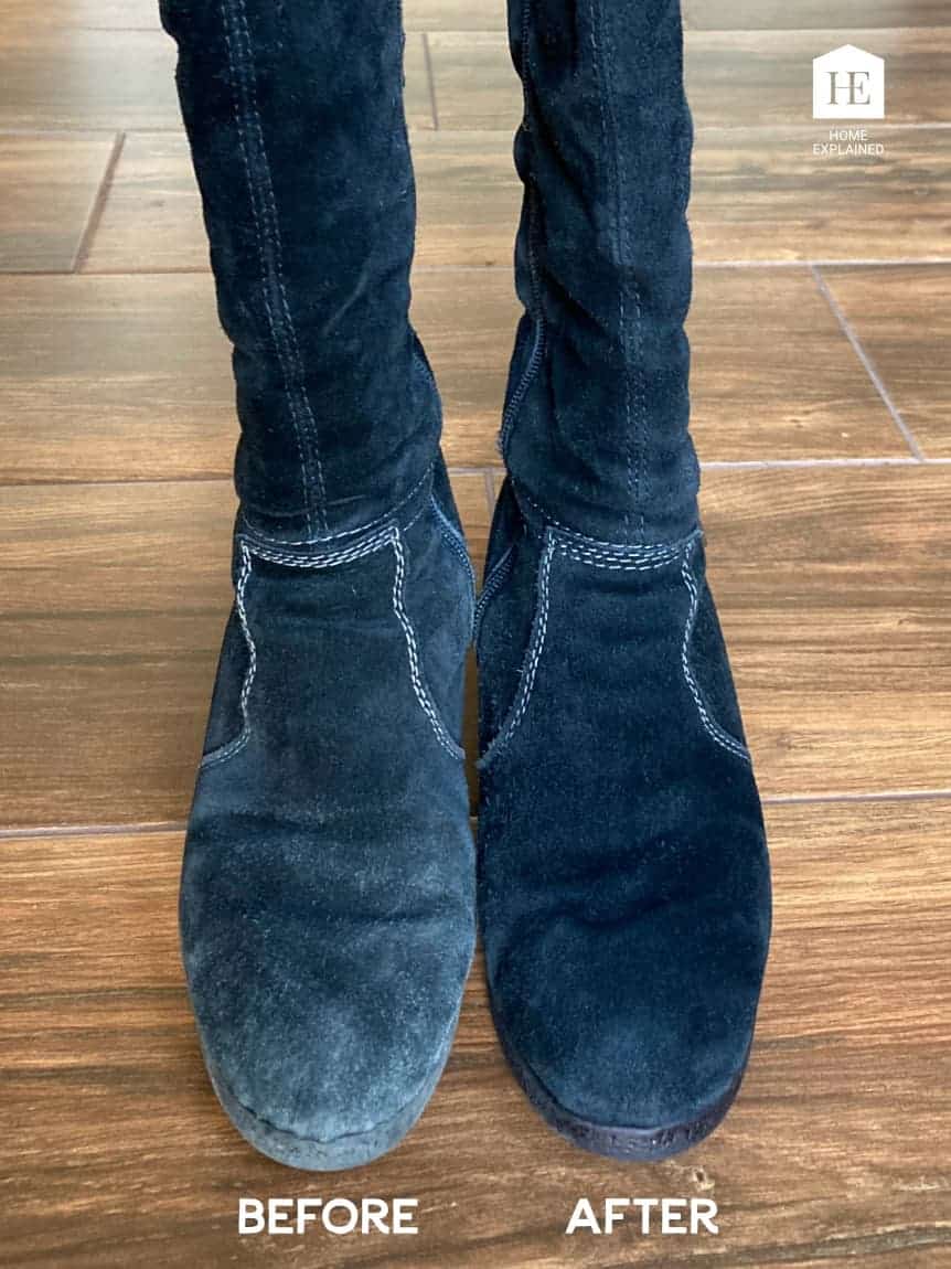 Before and After Restoration of Water Damaged Suede Shoes