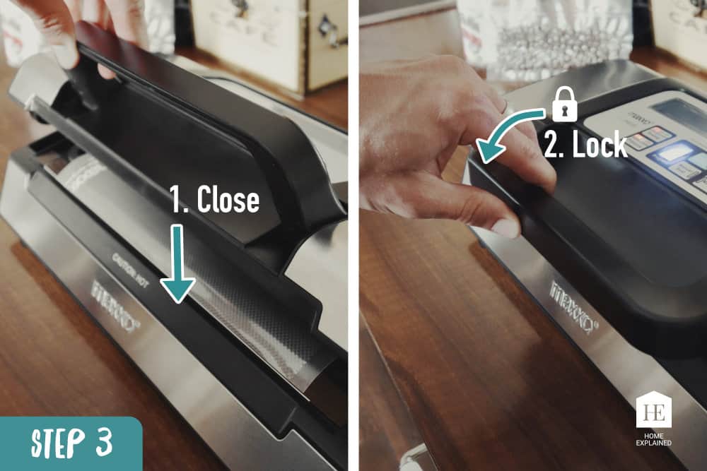 Close the lid and press down the handle to the locked position.